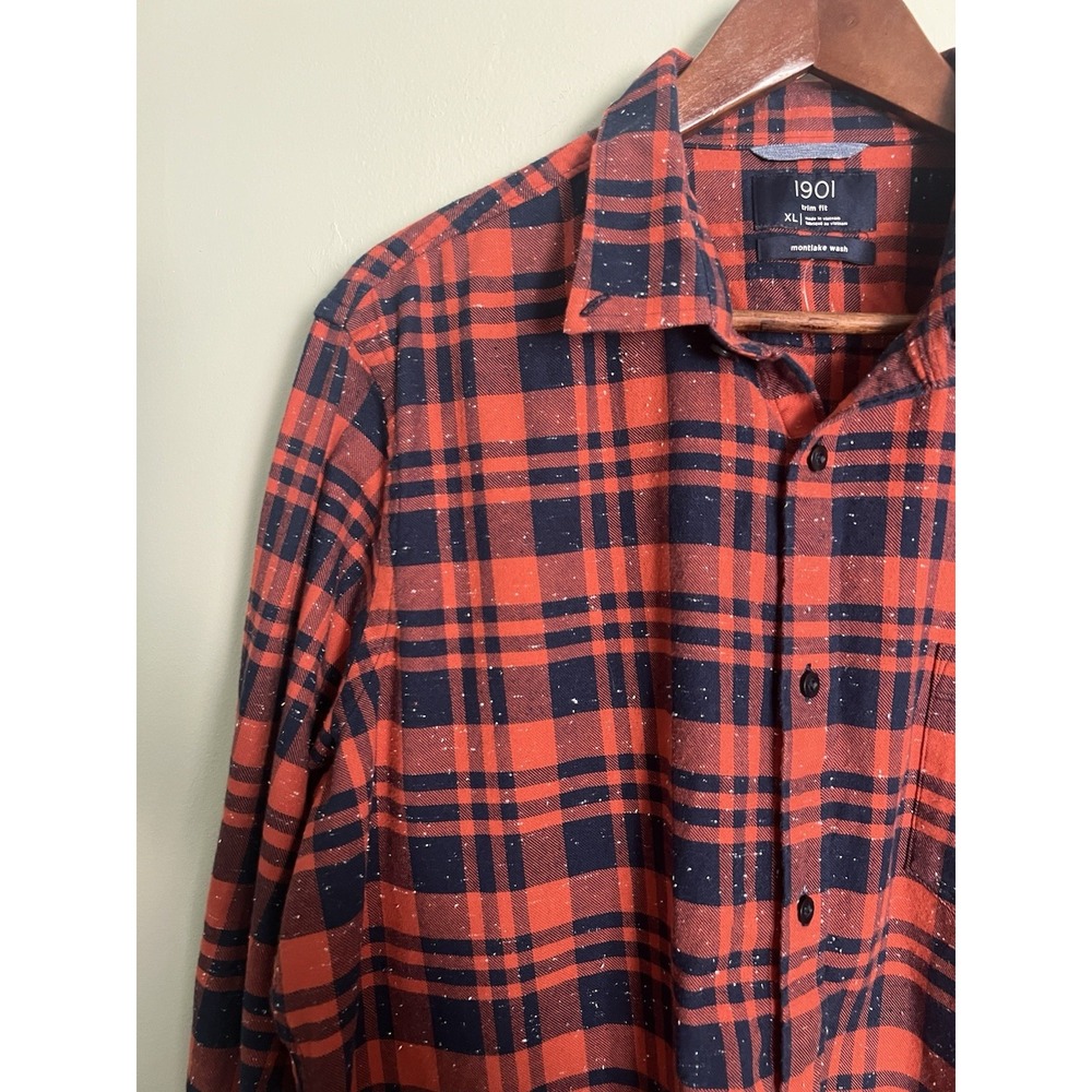 1901 Men's XL Red Navy Plaid Speckled Flannel Shirt Grunge Lumberjack